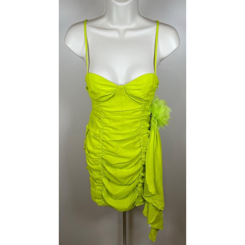 FOR LOVE & LEMONS Lorlai Ruched Rosette Train Green Mini Dress Size XS - Picture 3 of 9